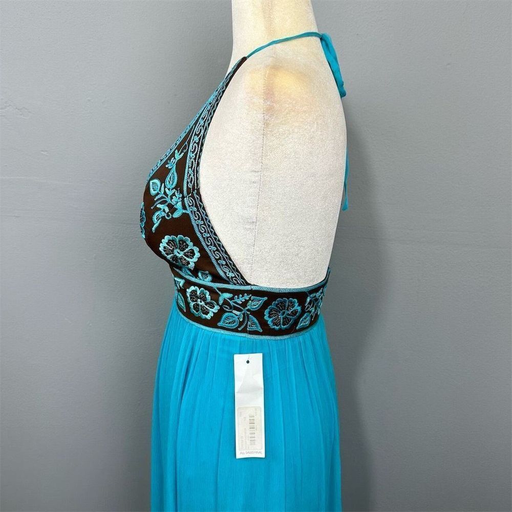 Jovani Dolce Embroidered Maxi Dress Blue‎ Size 10 Silk Halter Plunge V Backless - Picture 5 of 16